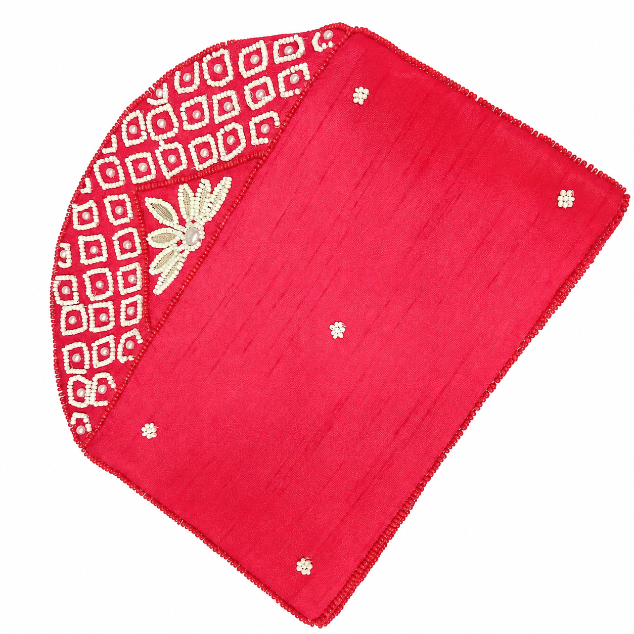 Red Pearl Embroidered Designer Clutch Purse | Handcrafted Beaded Evening Bag | Wedding & Party Wear