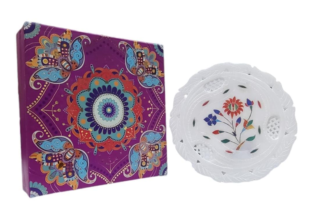 Handmade White Marble Decorative Plate with Wooden Stand 7 inch