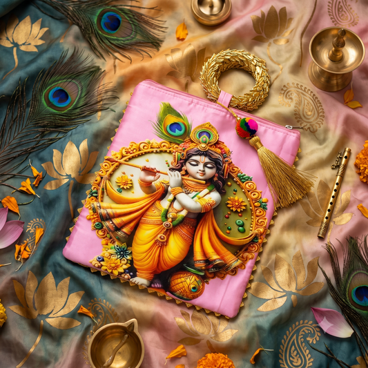Pink Shree Krishna Printed Satin Potli / Pouch Bag with Golden Handle