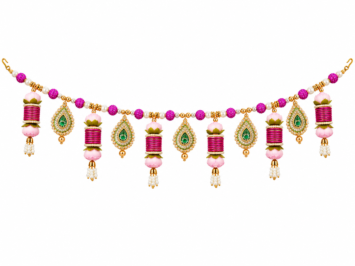 Pink Lotus Pearl Beaded Toran | Designer Floral Door Hanging Bandarwal | Pink & Gold Festive Home & Pooja Decor