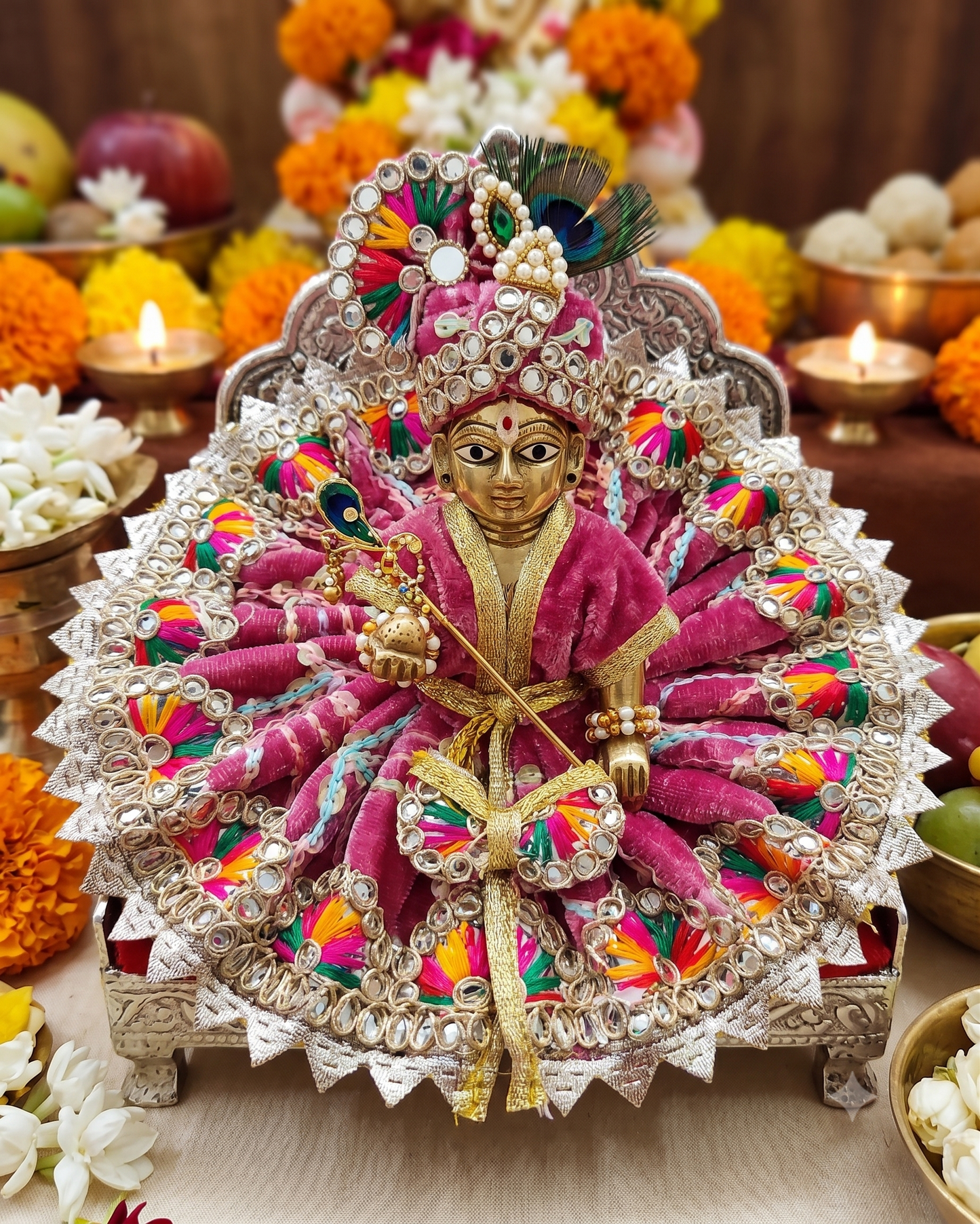 Pink Multicolor Designer Ladoo Gopal Poshak | Embroidered Flared Dress with Golden Lace