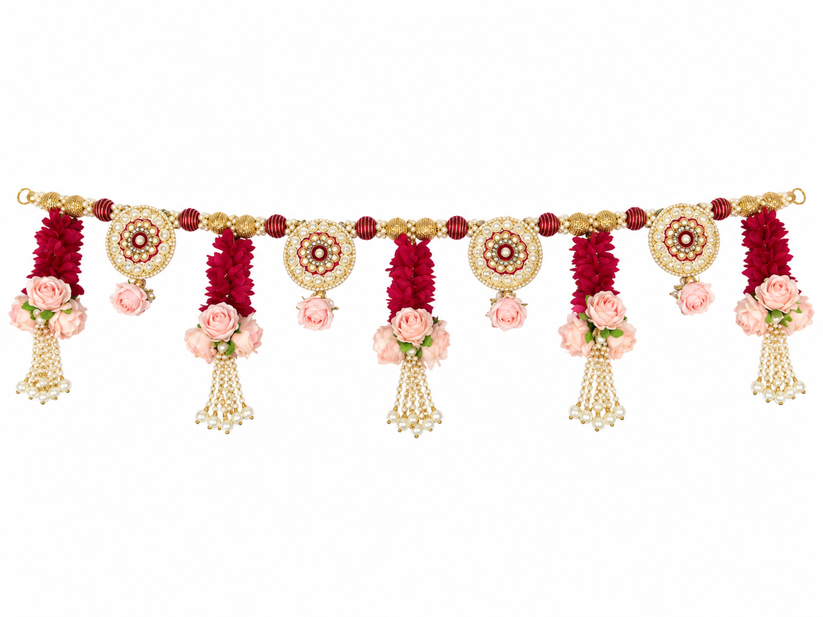 Maroon & Gold Floral Pearl Toran | Designer Door Hanging Banderwal for Home, Pooja Room & Festive Decoration