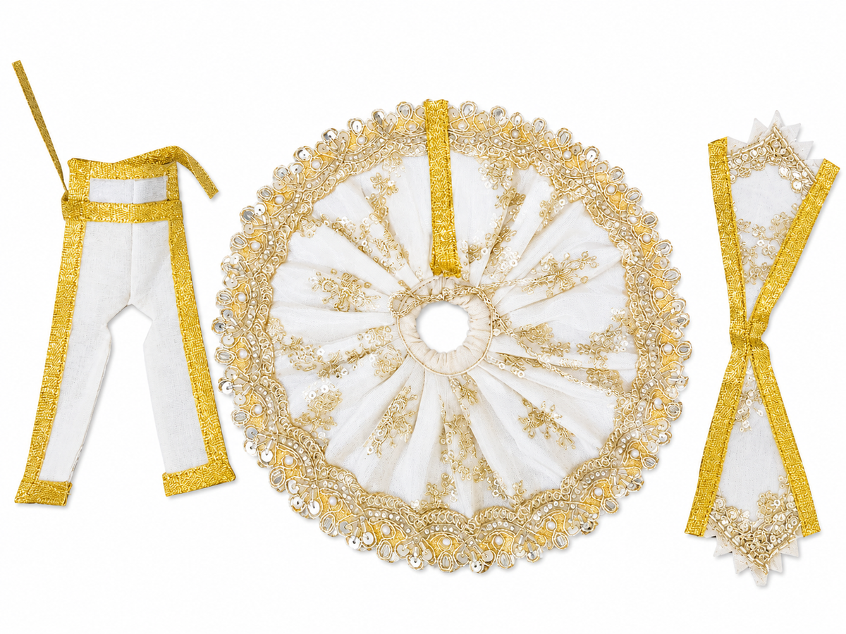 White & Golden Embroidered 3 No Ladoo Gopal Poshak Set | Designer Thakur Ji Dress