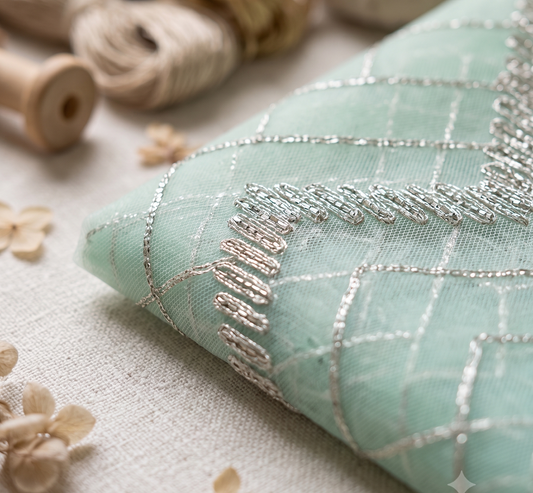 Seafoam Green Chevron Metallic Embroidered Net Fabric