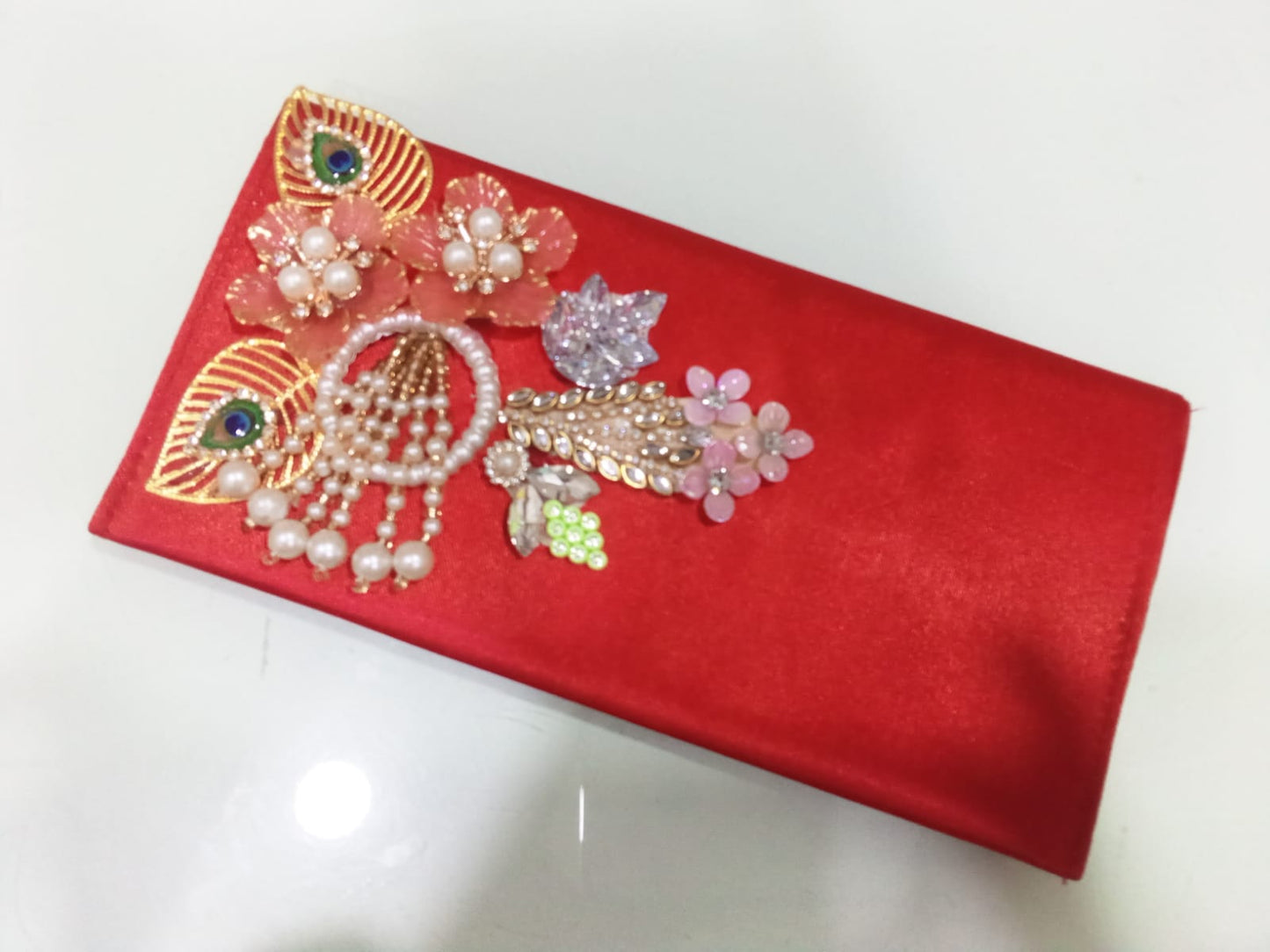 Traditional Red Floral & Crystal Embellished Ethnic Evening clutch