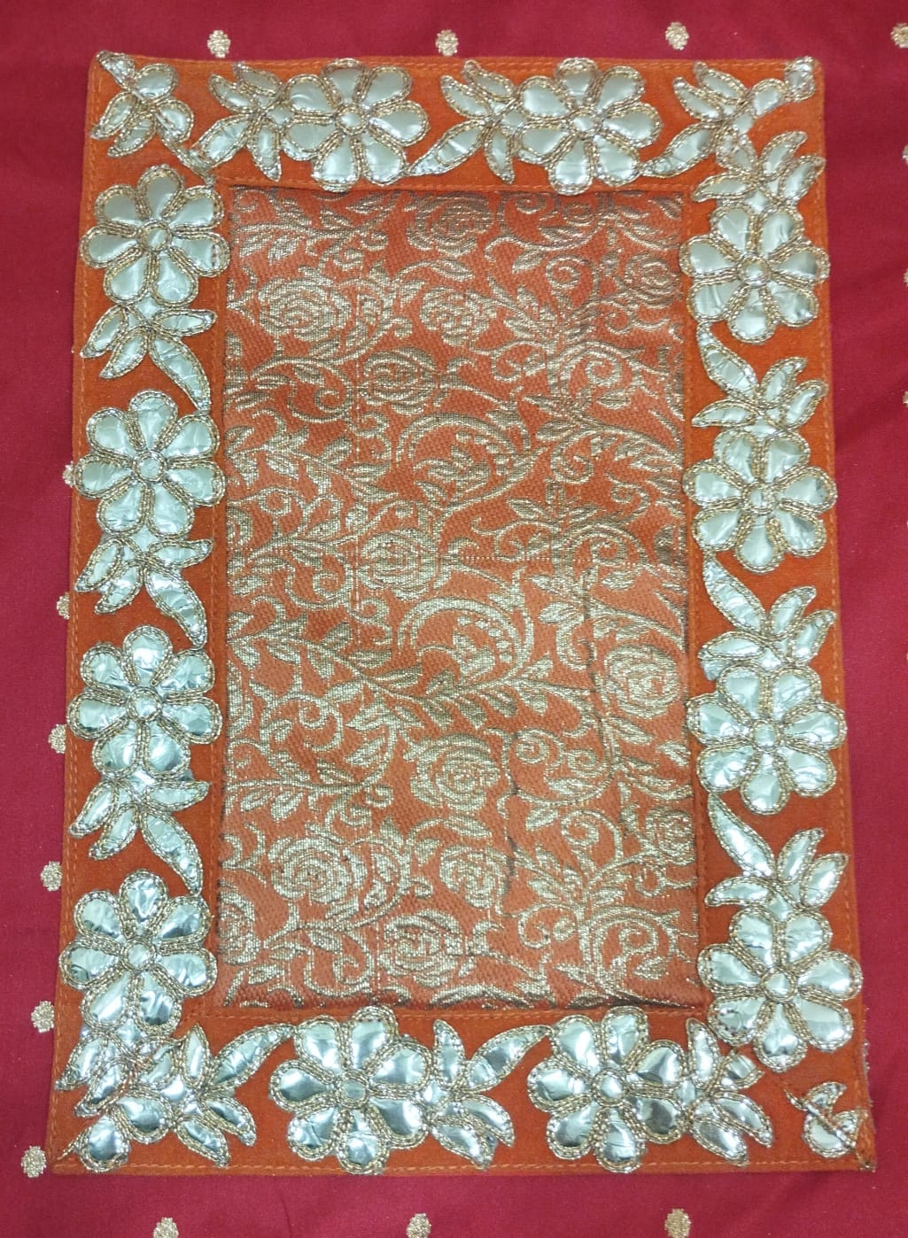 Orange Banarasi Design Pooja Aasan/Asan for Puja and Mandir Puja Alter cloth(12X8)