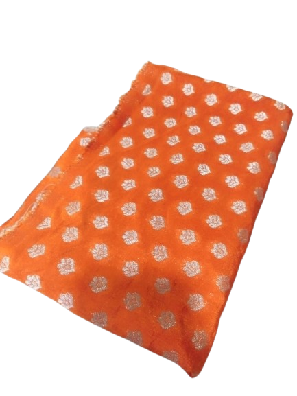 Elegant Orange Brocade Fabric with Intricate Zari Butis