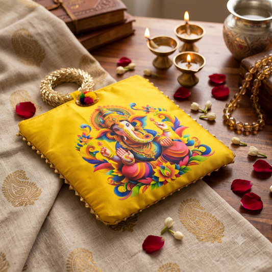 Shree Ganesha Print Yellow Satin Potli Clutch Bag with Golden Ring Handle