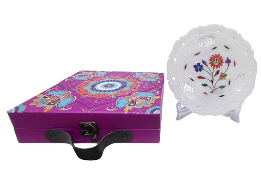 Handmade White Marble Decorative Plate with Wooden Stand 7 inch