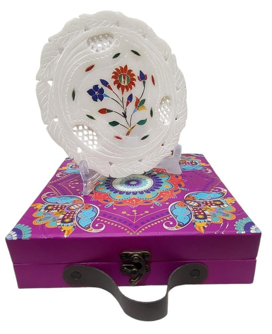 Handmade White Marble Decorative Plate with Wooden Stand 7 inch