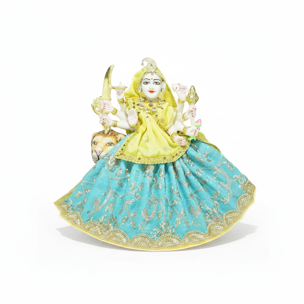 Durga Ji Sky Blue Yellow Embroidery Lace Work Dress