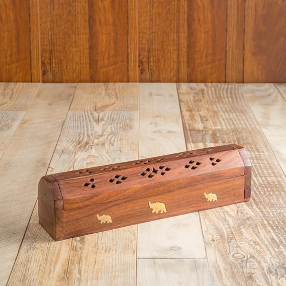 Wooden Coffin Incense Stick Cone Burner Holder Stand with Storage Compartment Ash Catcher | 10 Inches