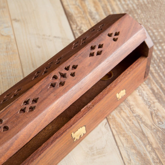 Wooden Coffin Incense Stick Cone Burner Holder Stand with Storage Compartment Ash Catcher | 10 Inches