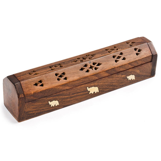 Wooden Coffin Incense Stick Cone Burner Holder Stand with Storage Compartment Ash Catcher | 10 Inches