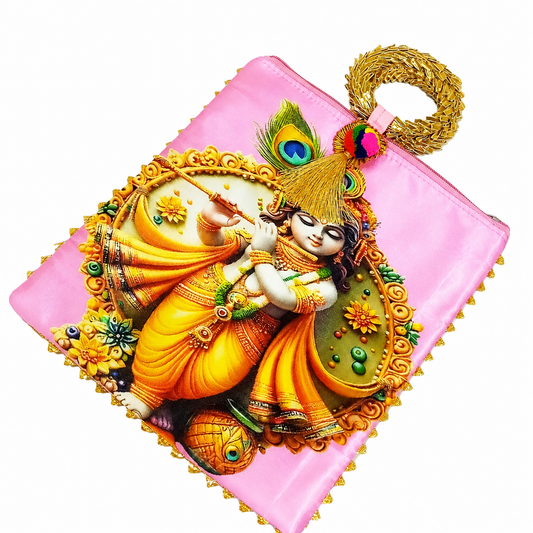 Pink Shree Krishna Printed Satin Potli / Pouch Bag with Golden Handle