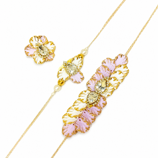 Floral Enamel Rakhi & Lumba Set with Crystal Stone and Pearl Bhaiya Bhabhi Rakhi