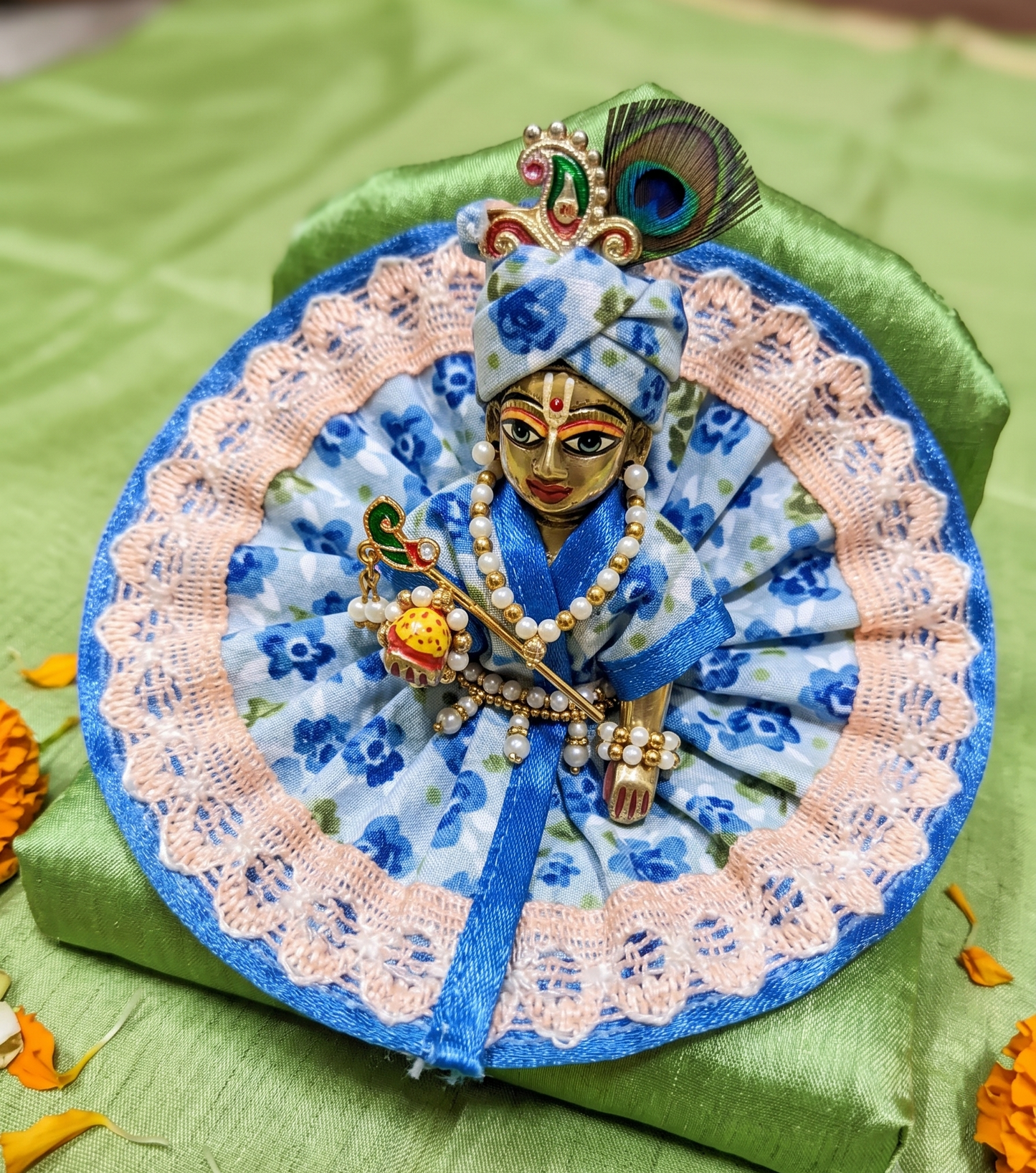 Blue Floral Bal Gopal Poshak with Elegant Lace Border.