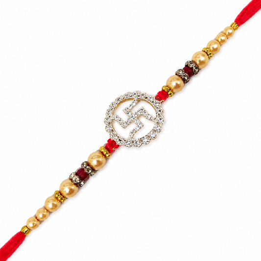 Swastik Pearl Rakhi with Red Thread and Crystal Charm, Ethnic Style, Brother Gift