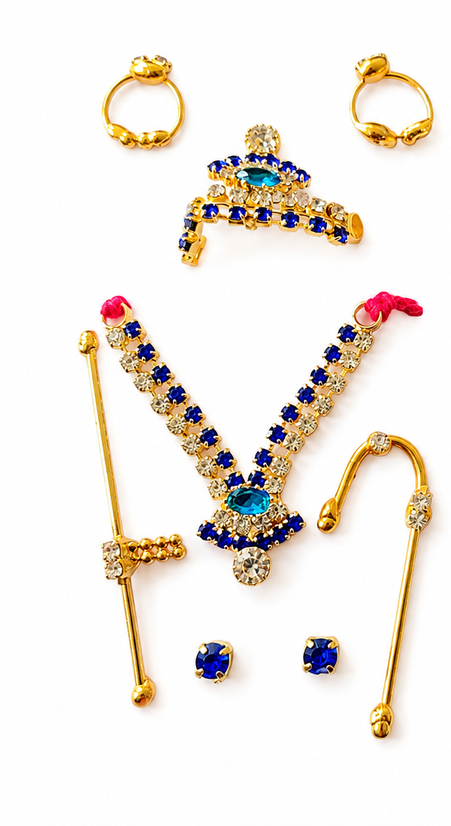Laddu Gopal Designer Stone Studded Jewellery & Shringar Set – Mukut, Haar, Bansuri, Kangan & Accessories