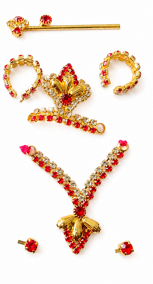 K STAR Laddu Gopal Designer Red Stone Studded Jewellery & Shringar Set – Mukut, Haar, Bansuri, Kangan & Accessories