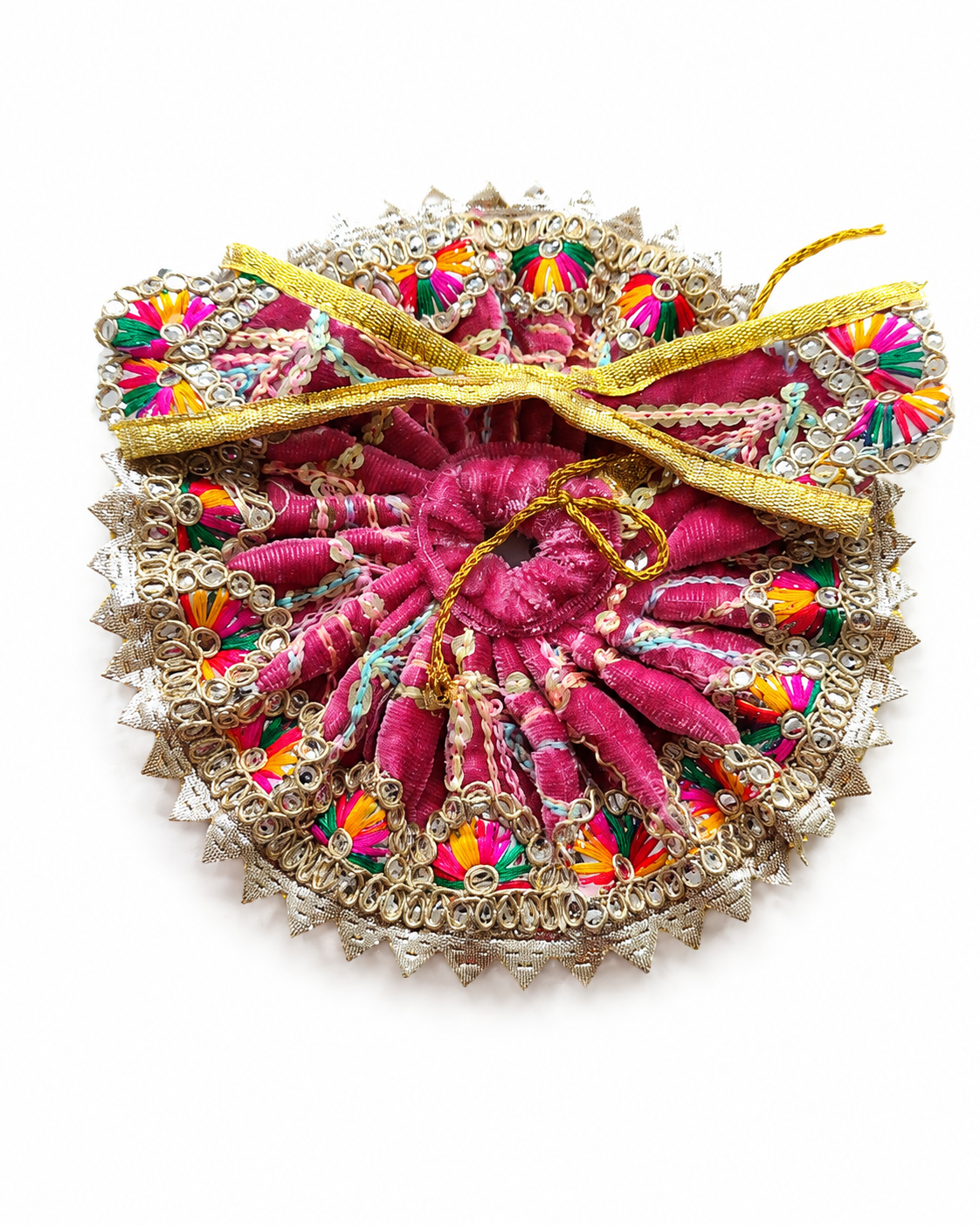 Pink Multicolor Designer Ladoo Gopal Poshak | Embroidered Flared Dress with Golden Lace