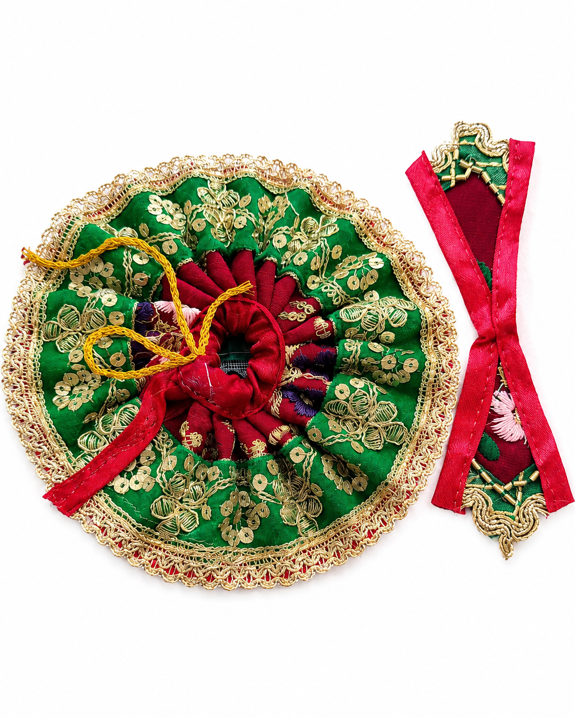 Designer Ladoo Gopal Aasan & Vastra Set – Green & Red Traditional, festive & elegant