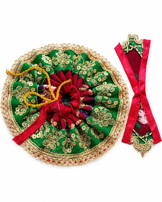 Designer Ladoo Gopal Aasan & Vastra Set – Green & Red Traditional, festive & elegant