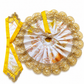 Designer Ladoo Gopal Poshak – White Floral Print with Golden Zari Border & Yellow Dupatta