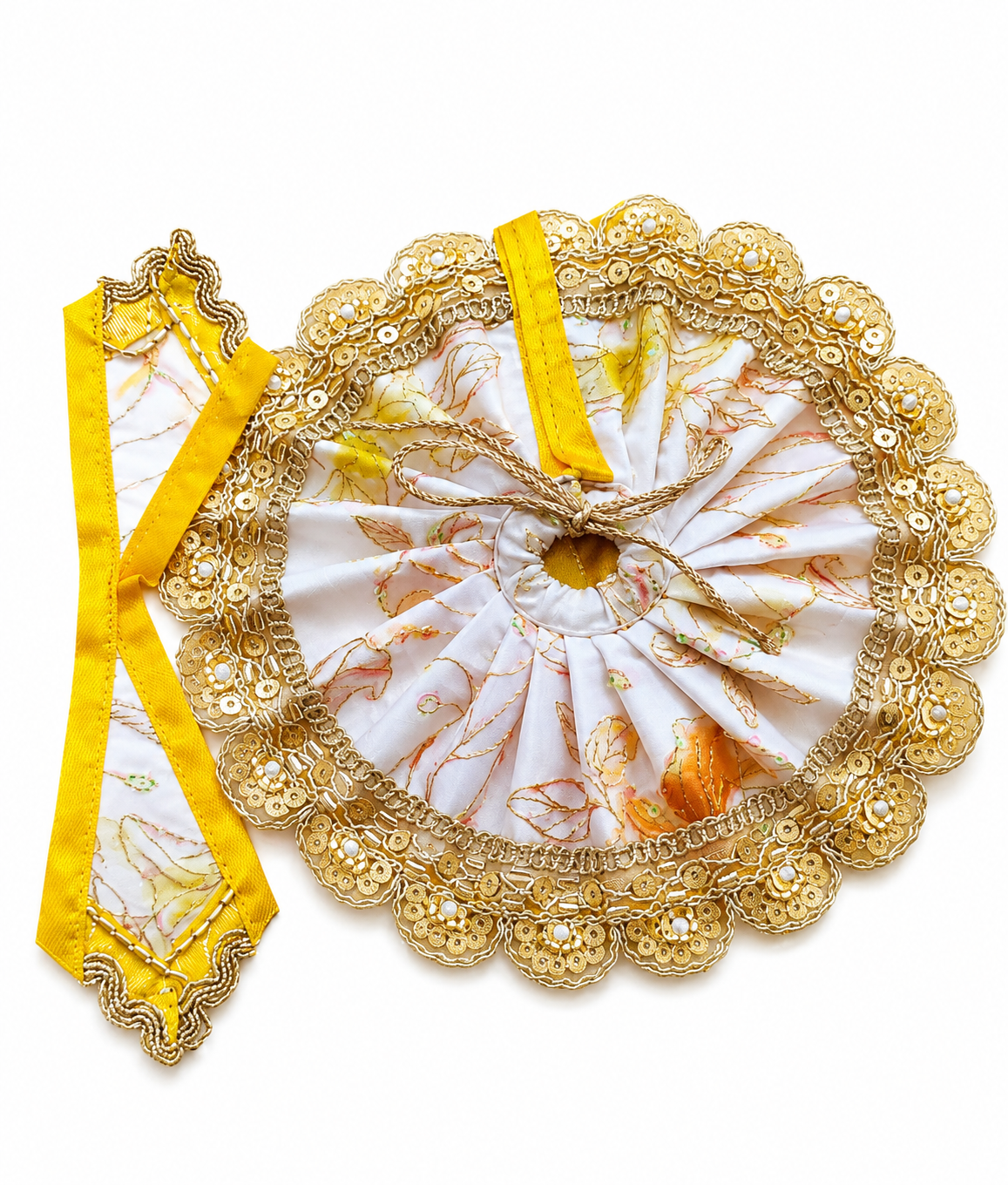 Designer Ladoo Gopal Poshak – White Floral Print with Golden Zari Border & Yellow Dupatta