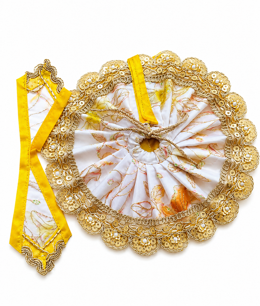 Designer Ladoo Gopal Poshak – White Floral Print with Golden Zari Border & Yellow Dupatta