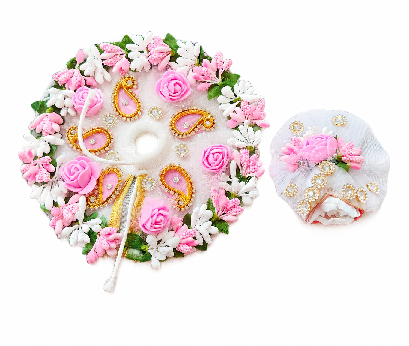 Ladoo Gopal Designer Floral Shringar Dress & Mukut Set – Pink & White