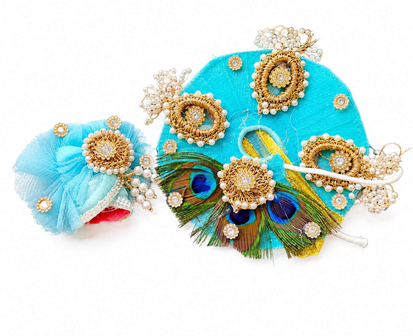 Turquoise Peacock Feather Ladoo Gopal,Janmashtami, Festivals, Pooja, Temple Decoration and Special Occasions