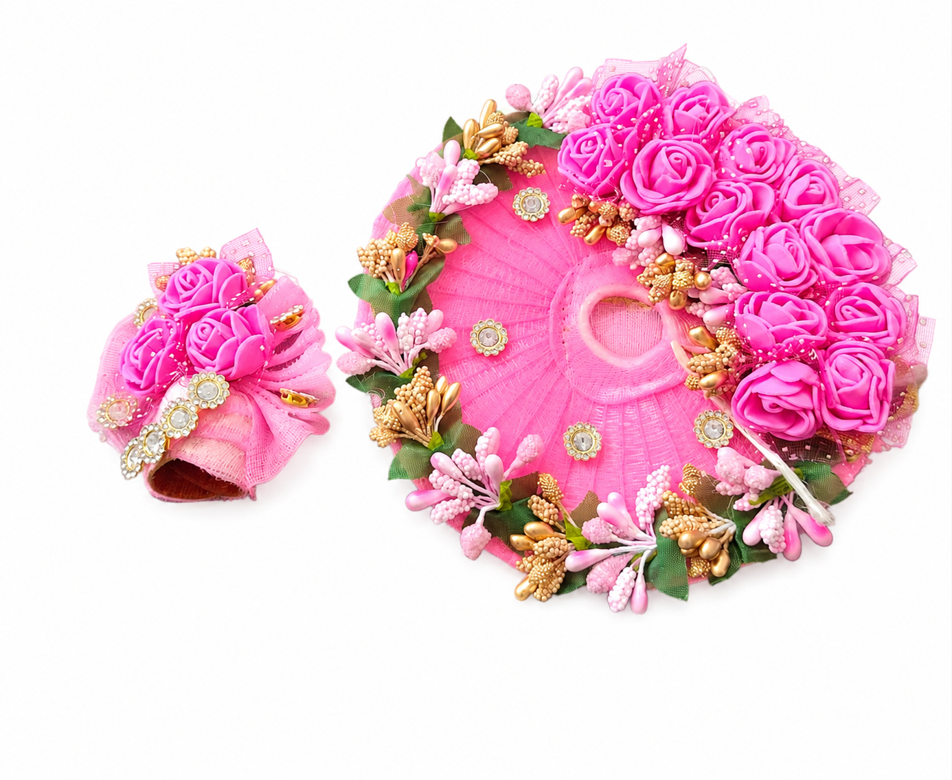 Pink Floral Ladoo Gopal Designer Dress & Matching Mukut Set