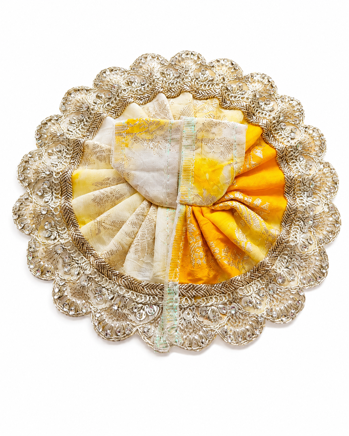 Designer Golden Yellow & Cream Ladoo Gopal Poshak with Lace | Embroidered Lace Work
