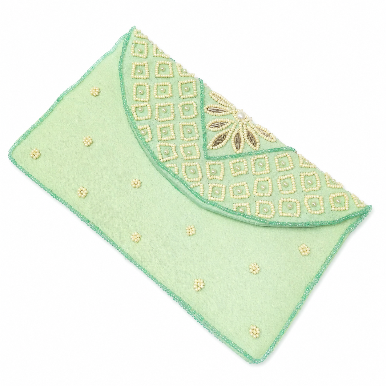 Mint Green  Pearl Embroidered Designer Clutch Purse | Handcrafted Beaded Evening Bag | Wedding & Party Wear