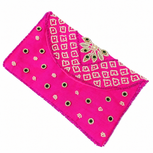 Hot Pink Pearl Embroidered Designer Clutch Purse | Handcrafted Beaded Evening Bag | Wedding & Party Wear