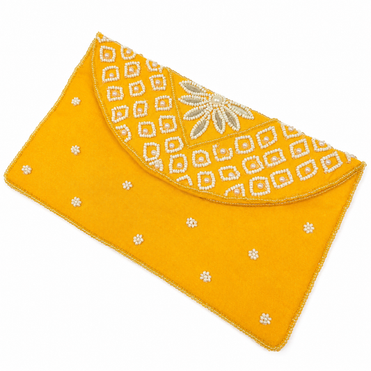 Yellow Pearl Embroidered Designer Clutch Purse | Handcrafted Beaded Evening Bag | Wedding & Party Wear