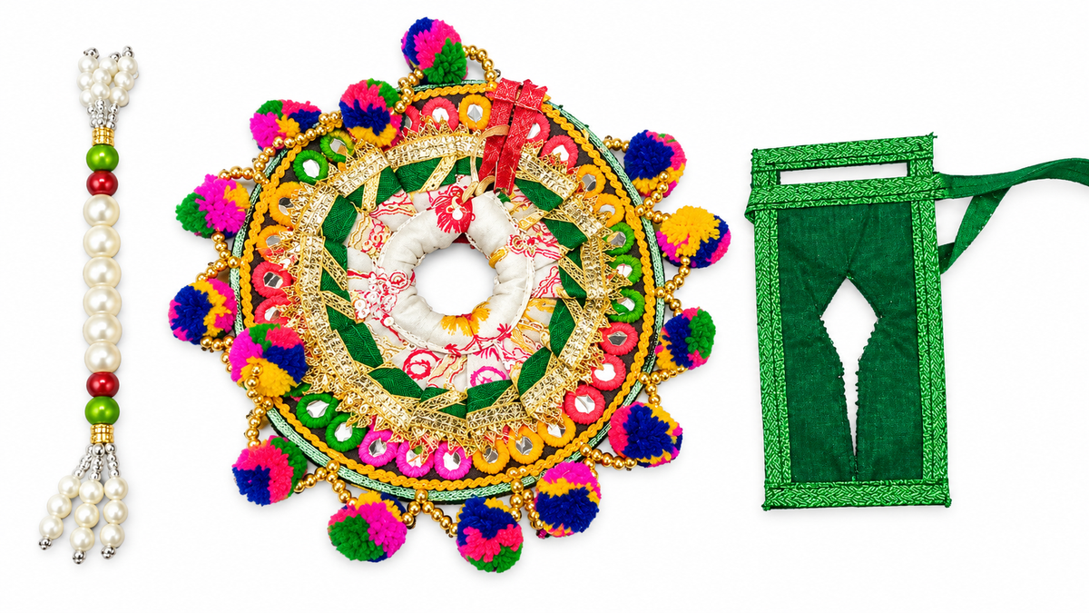Multicolor Designer 1 No  Ladoo Gopal Shringar with Pearl Beads, Golden Embroidery