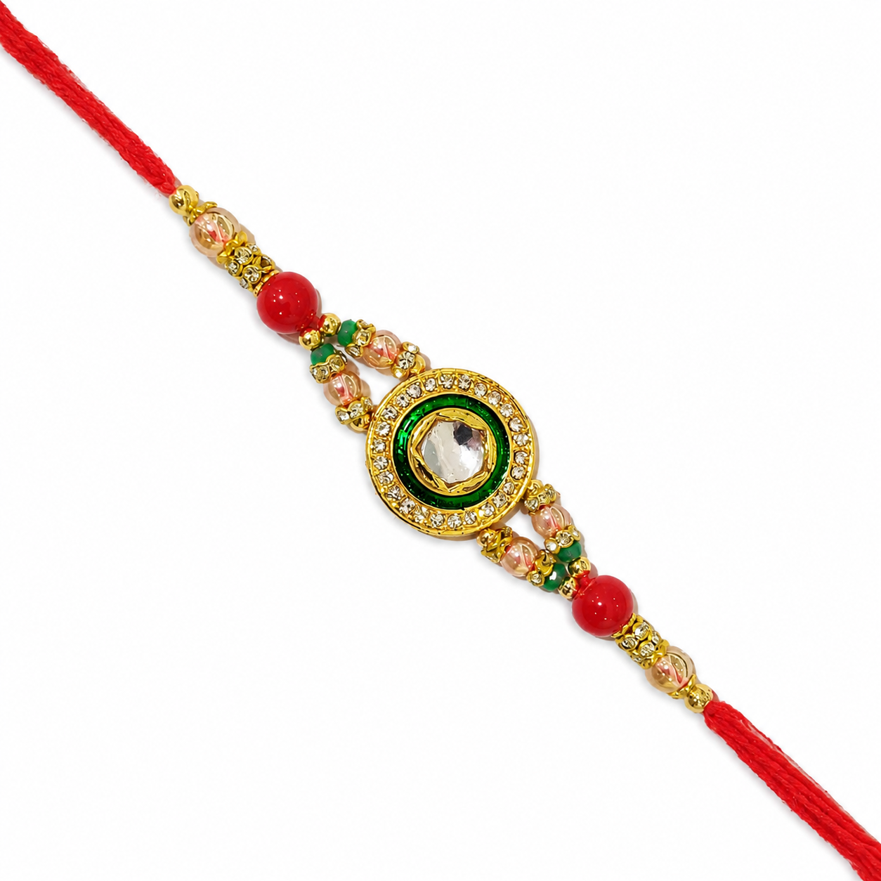 Elegant Green Stone Designer Rakhi with Kundan Mirror Center & Red Beads