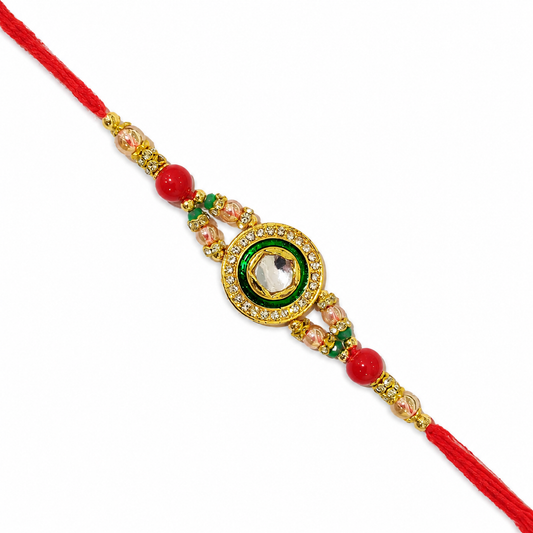 Elegant Green Stone Designer Rakhi with Kundan Mirror Center & Red Beads