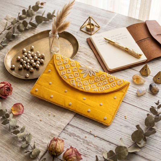 Yellow Pearl Embroidered Designer Clutch Purse | Handcrafted Beaded Evening Bag | Wedding & Party Wear