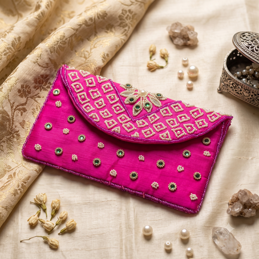 Hot Pink Pearl Embroidered Designer Clutch Purse | Handcrafted Beaded Evening Bag | Wedding & Party Wear