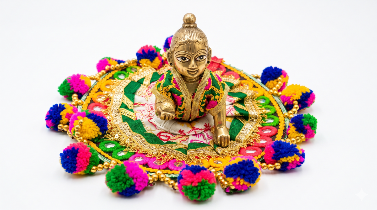 Multicolor Designer 1 No  Ladoo Gopal Shringar with Pearl Beads, Golden Embroidery