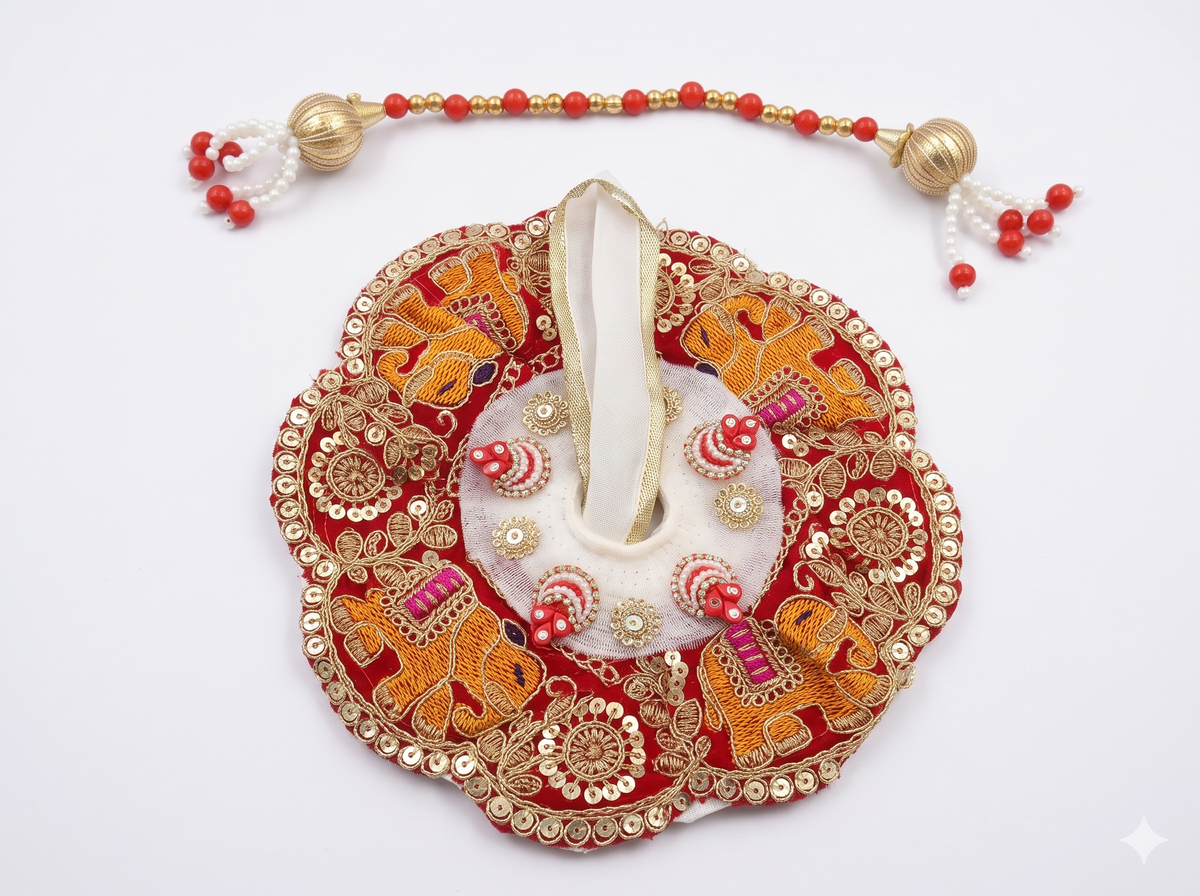 Handcrafted Elephant Motif Embroidered 1 No Laddu Gopal Poshak Set with Matching Garland / Mala (Red & Gold)