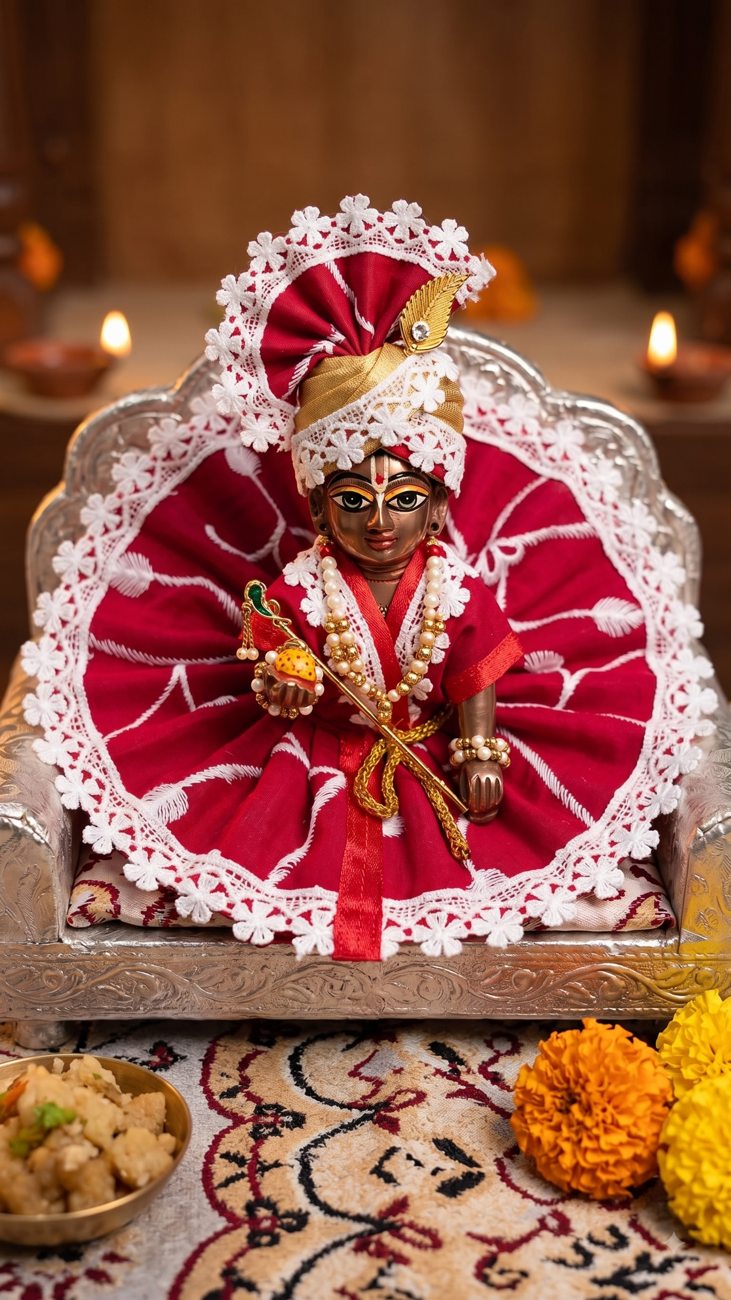 Red & White Lace Designer Ladoo Gopal Poshak