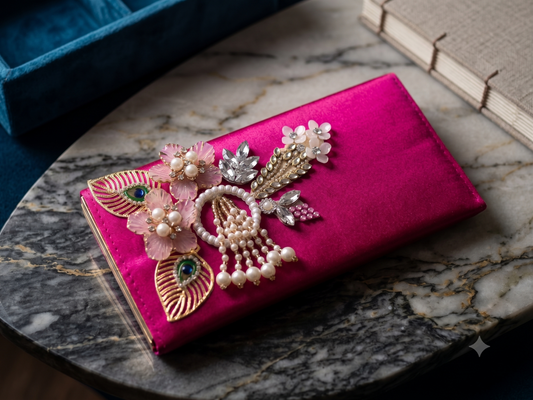 Magenta Royale Pearl & Floral Clutch