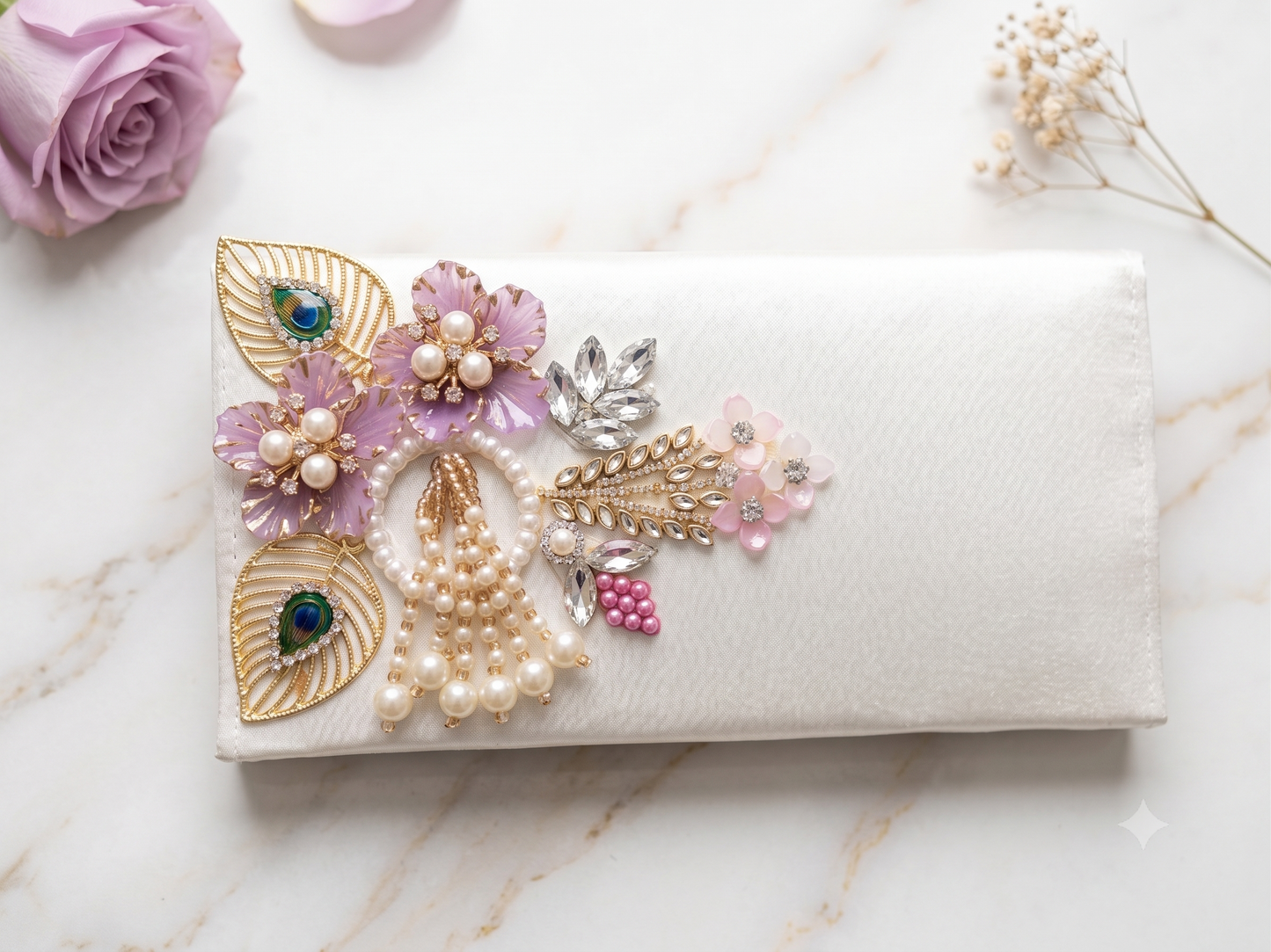 Festive Pink Satin Envelope Pouch with Pearl Tassel