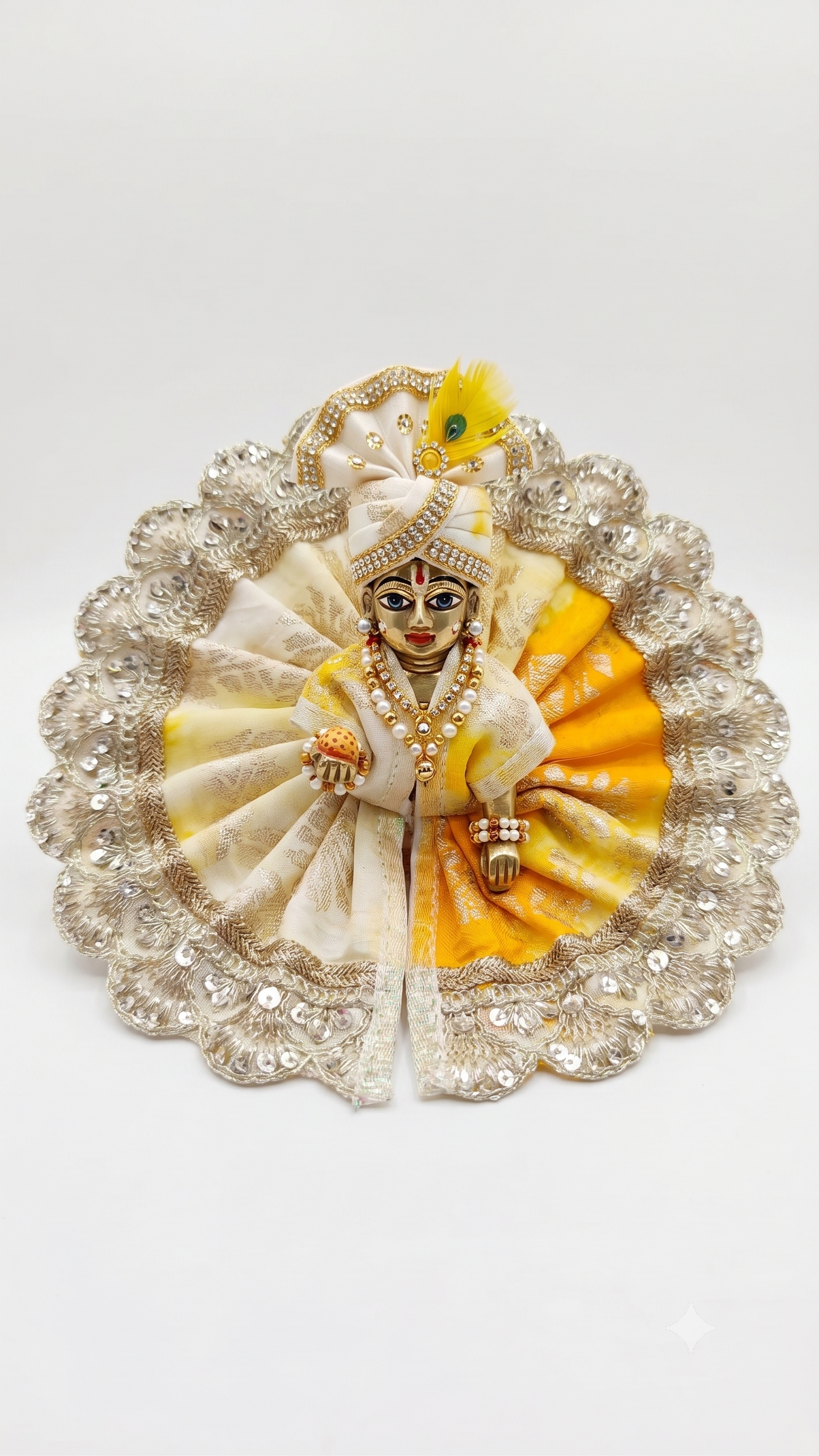 Designer Golden Yellow & Cream Ladoo Gopal Poshak with Lace | Embroidered Lace Work