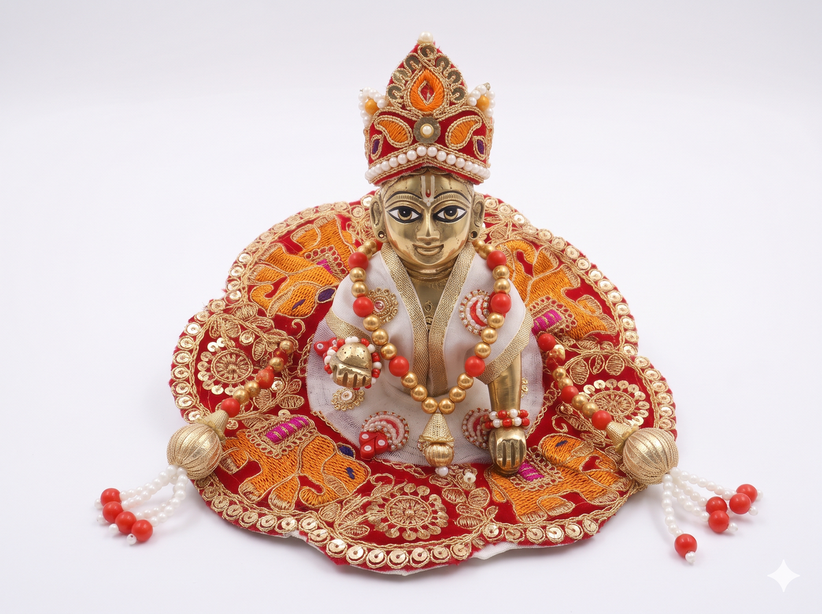 Handcrafted Elephant Motif Embroidered 1 No Laddu Gopal Poshak Set with Matching Garland / Mala (Red & Gold)