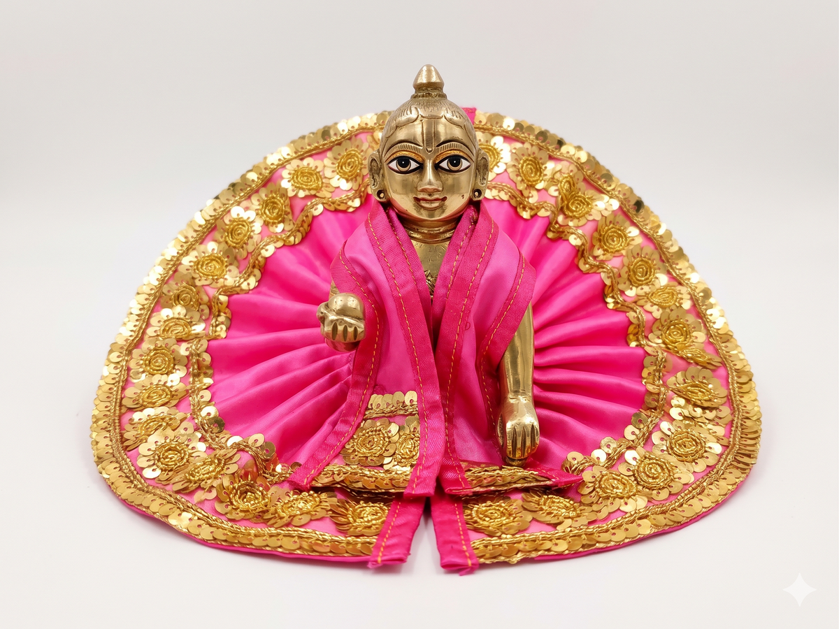 Rani Pink & Gold Designer 4 No Ladoo Gopal Poshak with Embroidered Lace Work